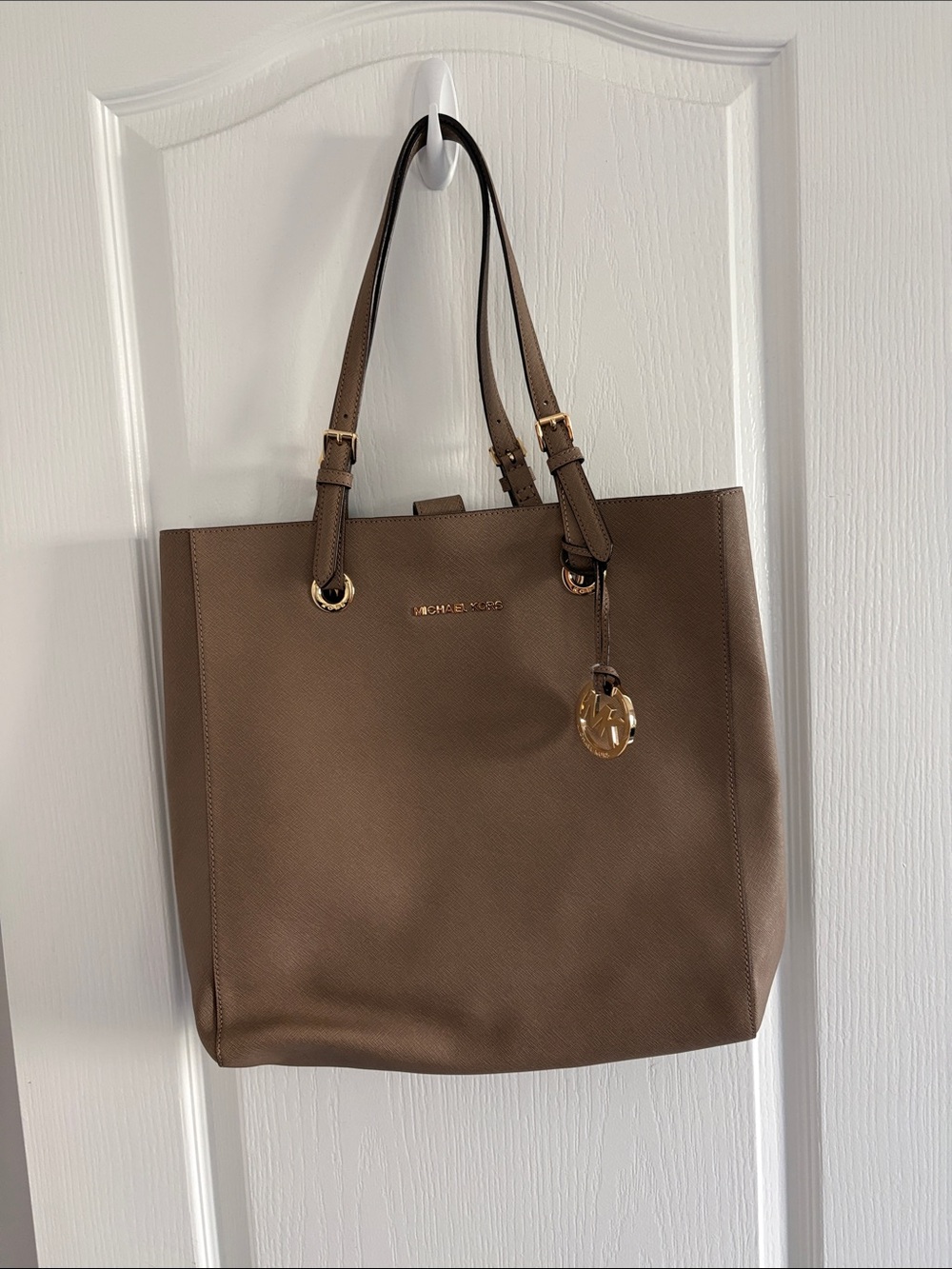 Michael Kors Taupe Saffiano Double-Handle Tote with Gold Accent